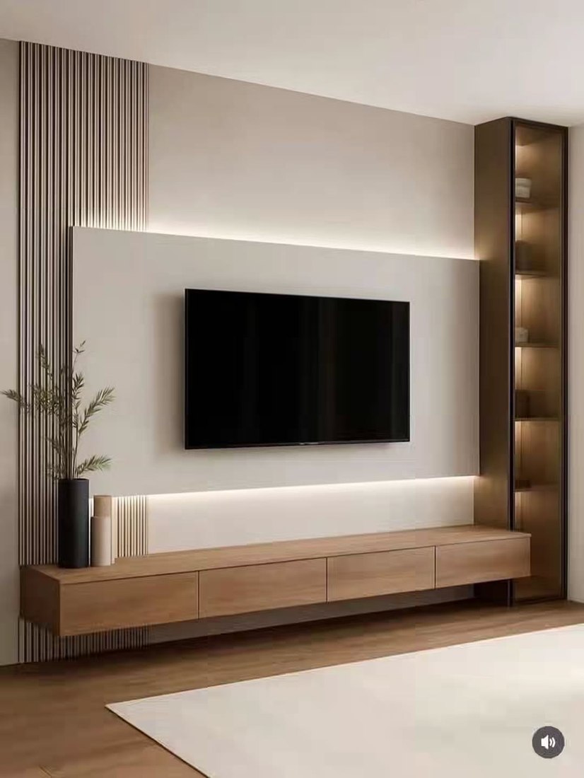 TV feature wall in dark wood
