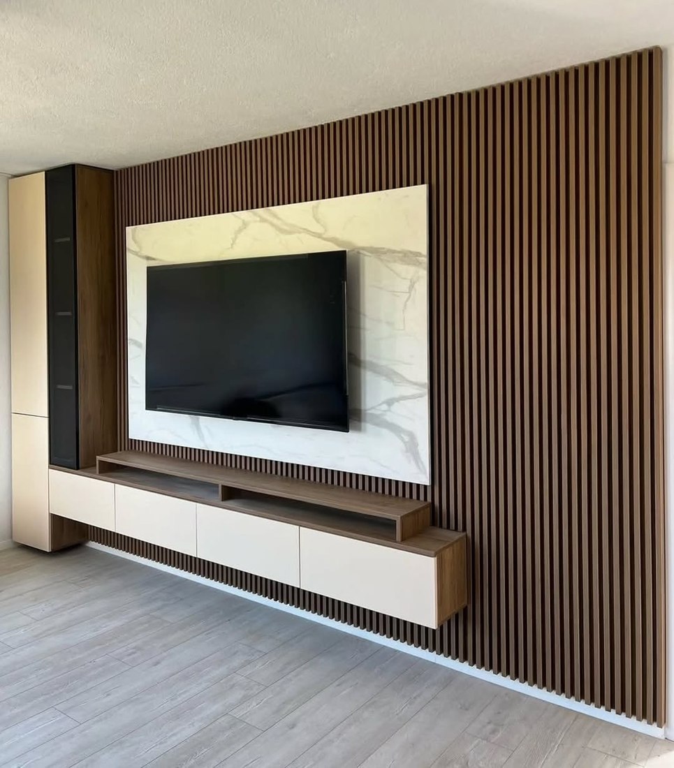 TV feature wall in light wood