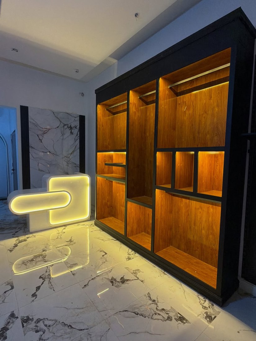 Wood showroom shelving